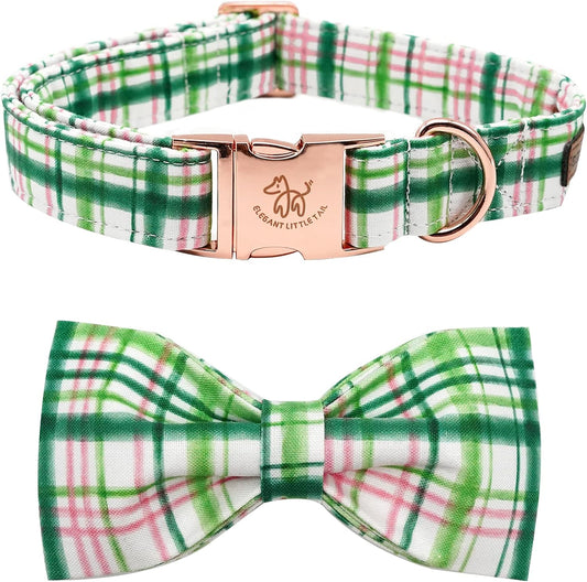 Elegant little tail Dog Collar with Bow - Pink with Green Plaid Boy or Girl Dog Collar Cute Bowtie Pet Collar Adjustable Dog Collar for Large Dogs