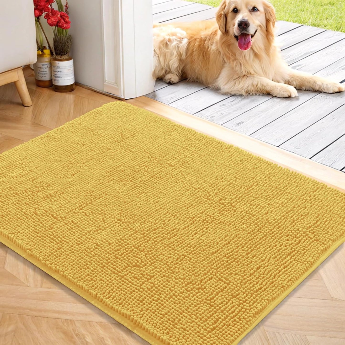 OLANLY Dog Door Mat for Muddy Paws 40x32, Absorbs Moisture and Dirt, Absorbent Non-Slip Washable Doormat, Quick Dry Chenille Mud Mat for Dogs, Entry Indoor Entryway Carpet for Inside Floor, Yellow