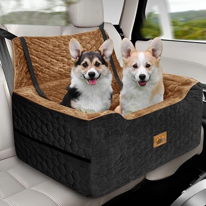 Dog Car Seat for Small/Medium Dogs, Memory Foam Dog Booster Seat, Travel Safety Per Car Seat with Washable Removable Cover, Storage Pockets for Dogs up to 35 lbs(BlackBrown)