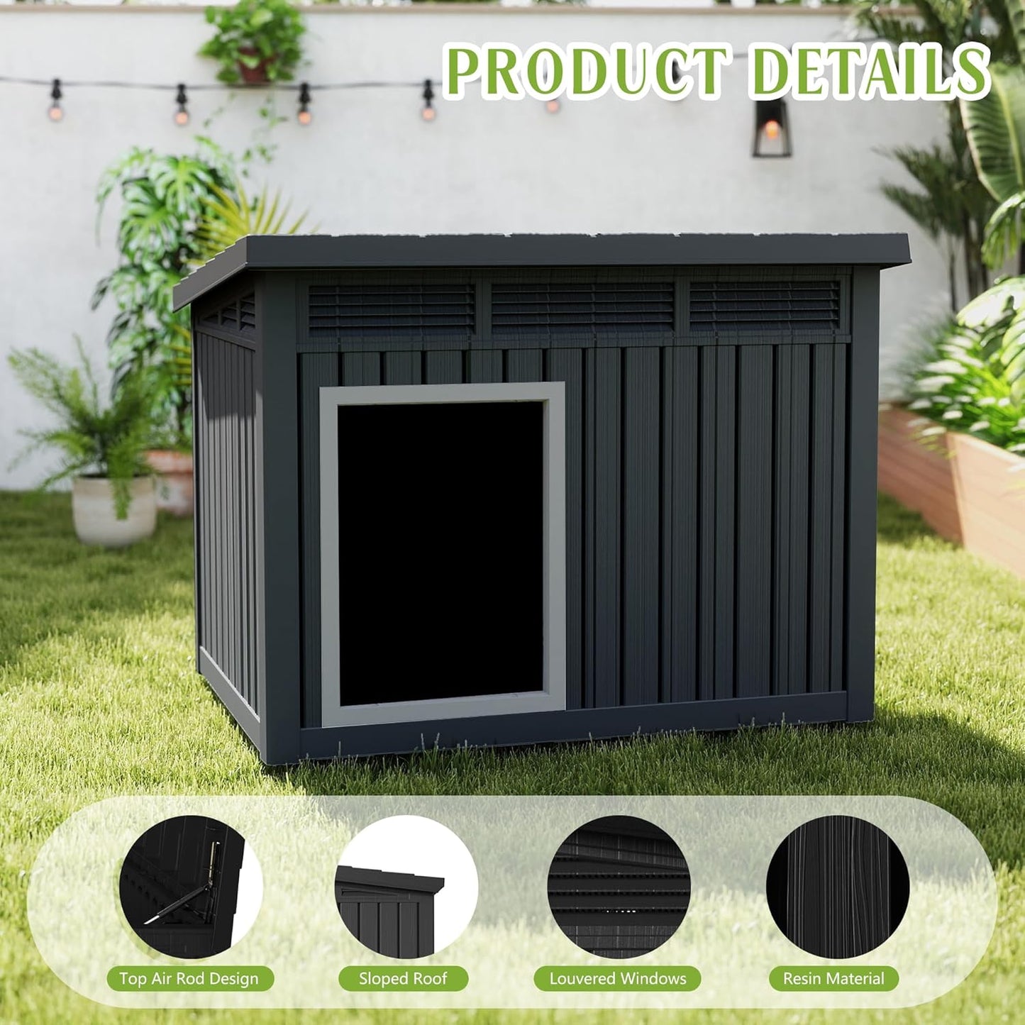 Dog House Indoor Outdoor,Resin Waterproof Puppy Shelter with Air Vents and Elevated Floor,Air Rod on Top to Open,Dog Kennel for Small to Large Dogs(Black,42.87 * 32.95 * 31.61)