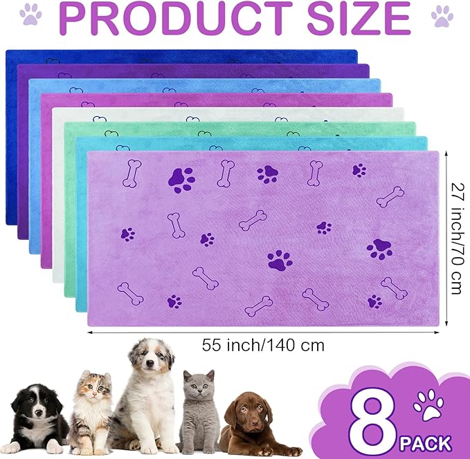 Chumia 8 Pcs Dog Towels for Drying Dogs Cats Pet Towels Bulk Puppy Microfiber Quick Drying Paw Bath Bathing Supplies Absorbent for Medium Pets(Classic Color,55 x 28 Inch)