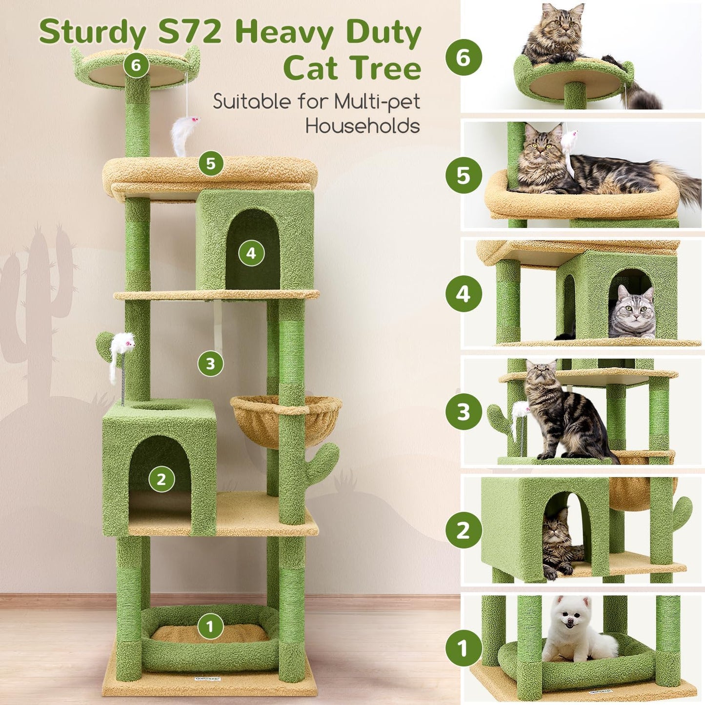 Globlazer Heavy Duty Cactus Cat Tree for Large Cats, Sturdy 72in Maine Coon Cat Tree for Large Cats 20 lbs+ Cactus Cat Tower for Adult Biggest Cats with 6 Scratching Posts, Hammock, S72, Green