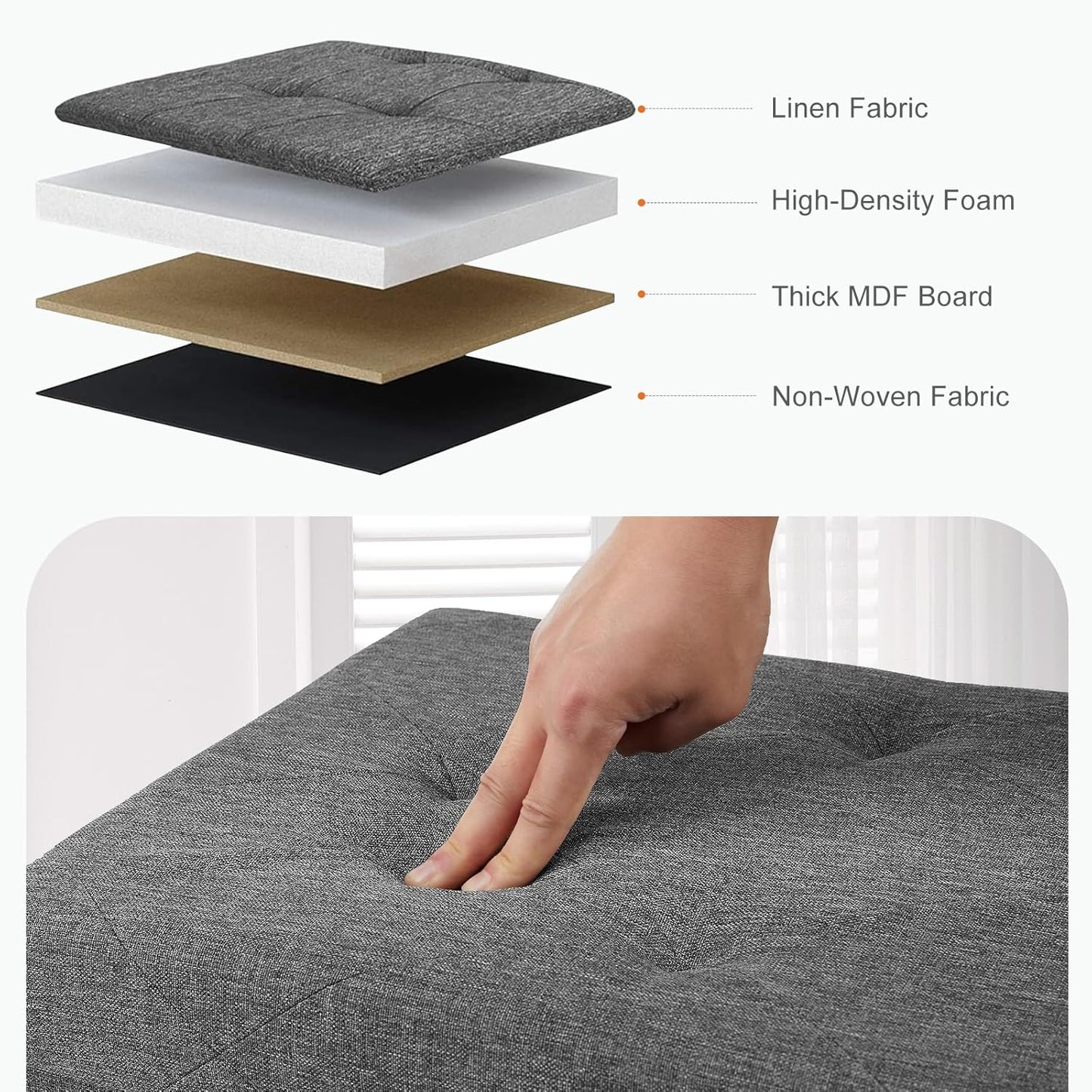 Sweetcrispy 43in Foldable Storage Ottoman Bench, Foot Rest Stool Storage Chest with Padded Seat, End of Bed Bedroom Bench for Living Room, Support 660lbs, Dawn Grey