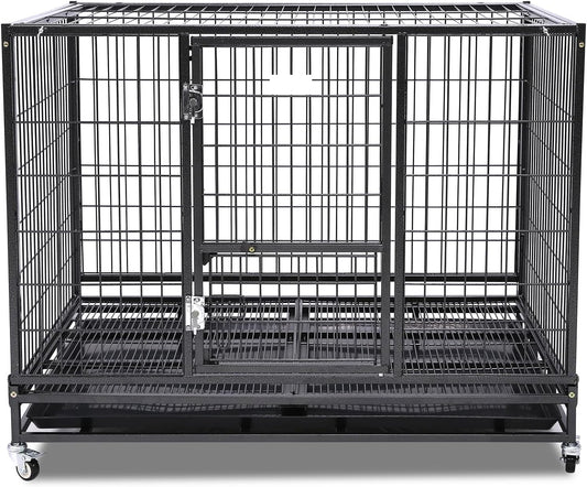 43" Collapsible and Stackable Large Dog Crates, Heavy Duty Dog Kennel Cage Open Top Double Doors W/Feeding Door, Dual Safe Locks, 360° Lockable Casters, Removable Tray & Metal Floor Grids
