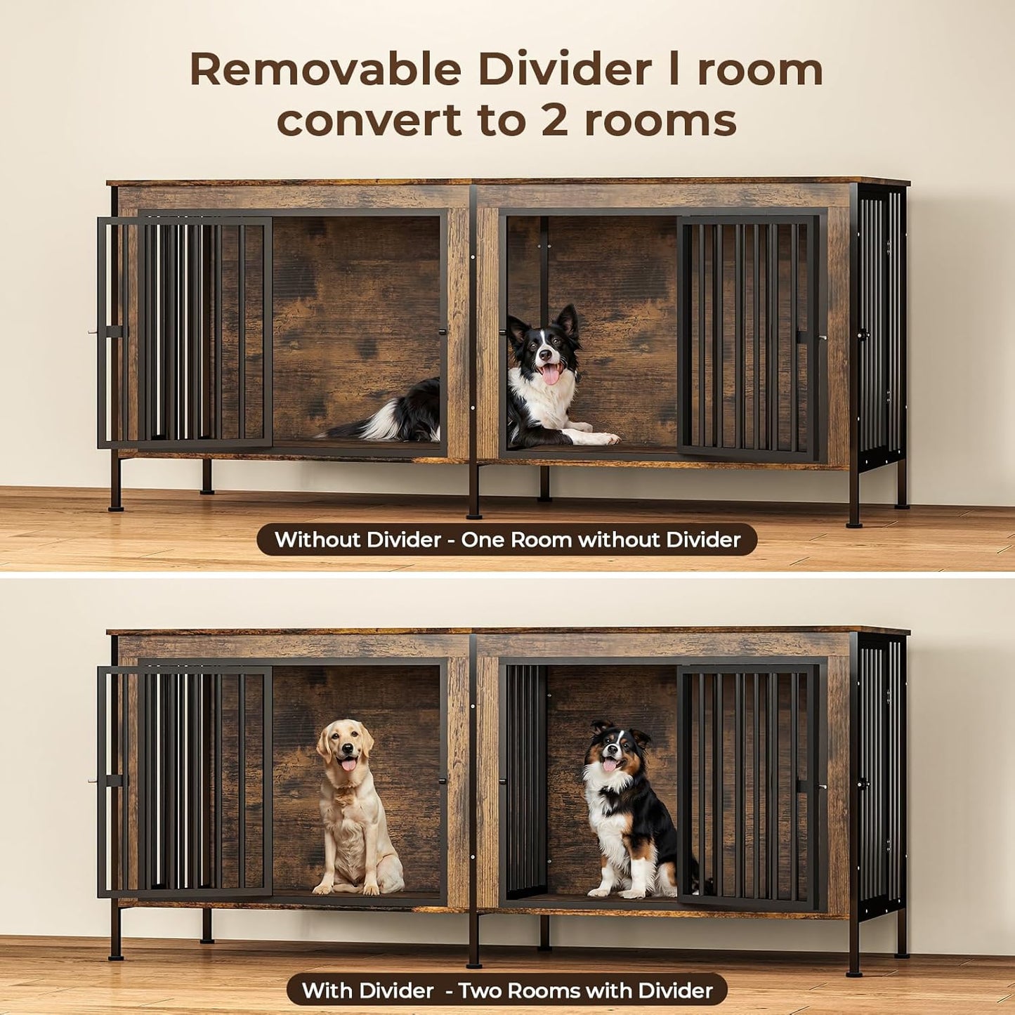 78 Inch Dog Cage Furniture for 2 Large/Medium Dogs with Removable Divider, Extra Large Double Doors Dog Kennel, XXL Thick Wooden Dog cage Furniture, Durable and Sturdy, Brown