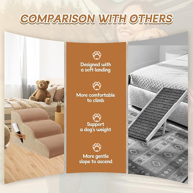 Romrol Dog Stairs Ramp for Beds Couches, Extra Wide Pet Steps with Durable Non-Slip Waterproof Fabric Cover, Dog Slope Stairs for Small Dogs and Cats or Pets Friendly, 3-Tiers, 13 Inch,Light Brown