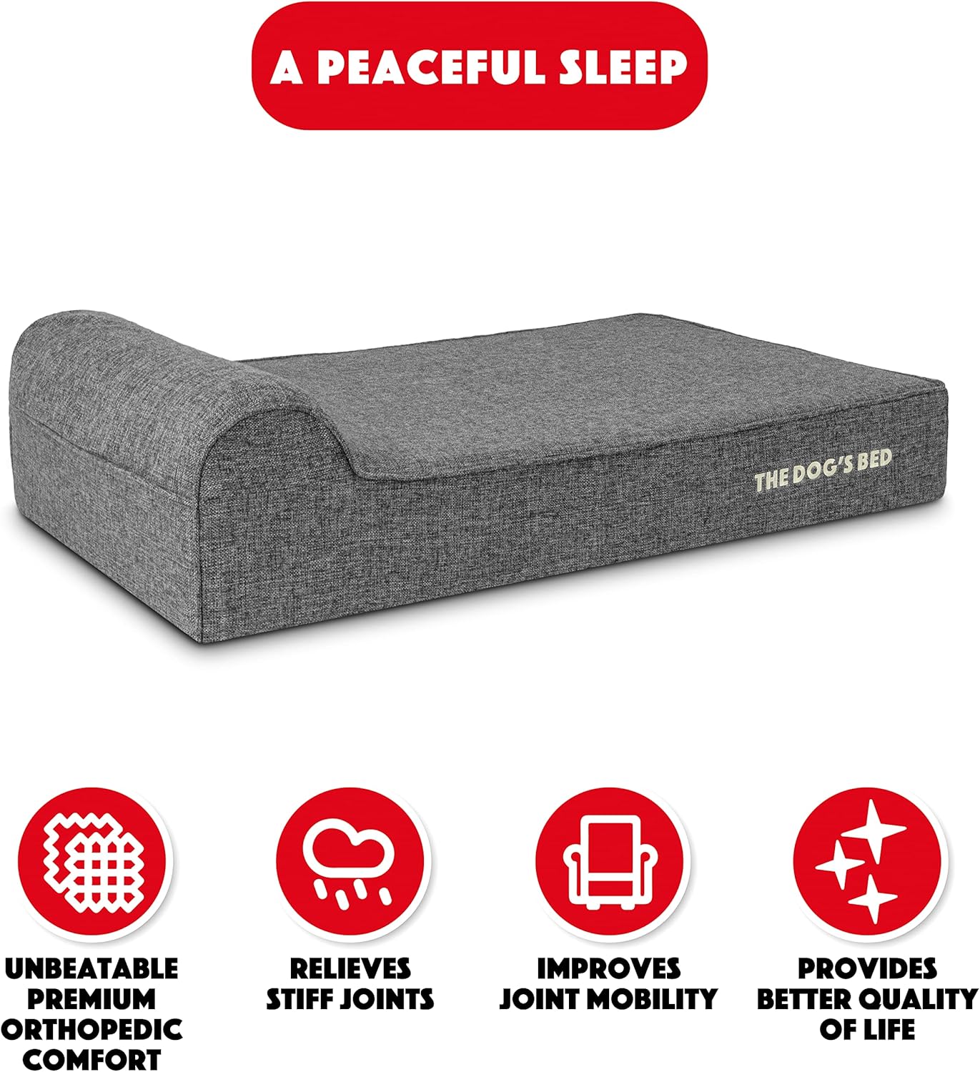 The Dog’s Bed Orthopedic Headrest Dog Bed, Large Grey Linen 40x25, Memory Foam, Pain Relief for Arthritis, Hip & Elbow Dysplasia, Post Surgery, Lameness, Veterinary Approved, Waterproof Washable Cover