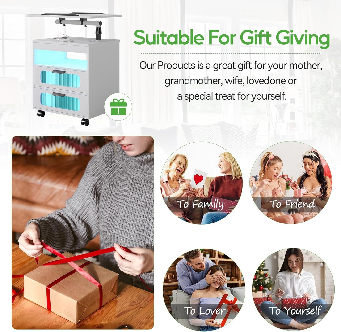 HNEBC Nightstand with Wireless Charging Station, LED Nightstand Has Adjustable Rotary Workstation,Smart Night Stand with 2 Drawers,Modern Bedside Table for Bedroom, Sensor Light/Wheel (White)