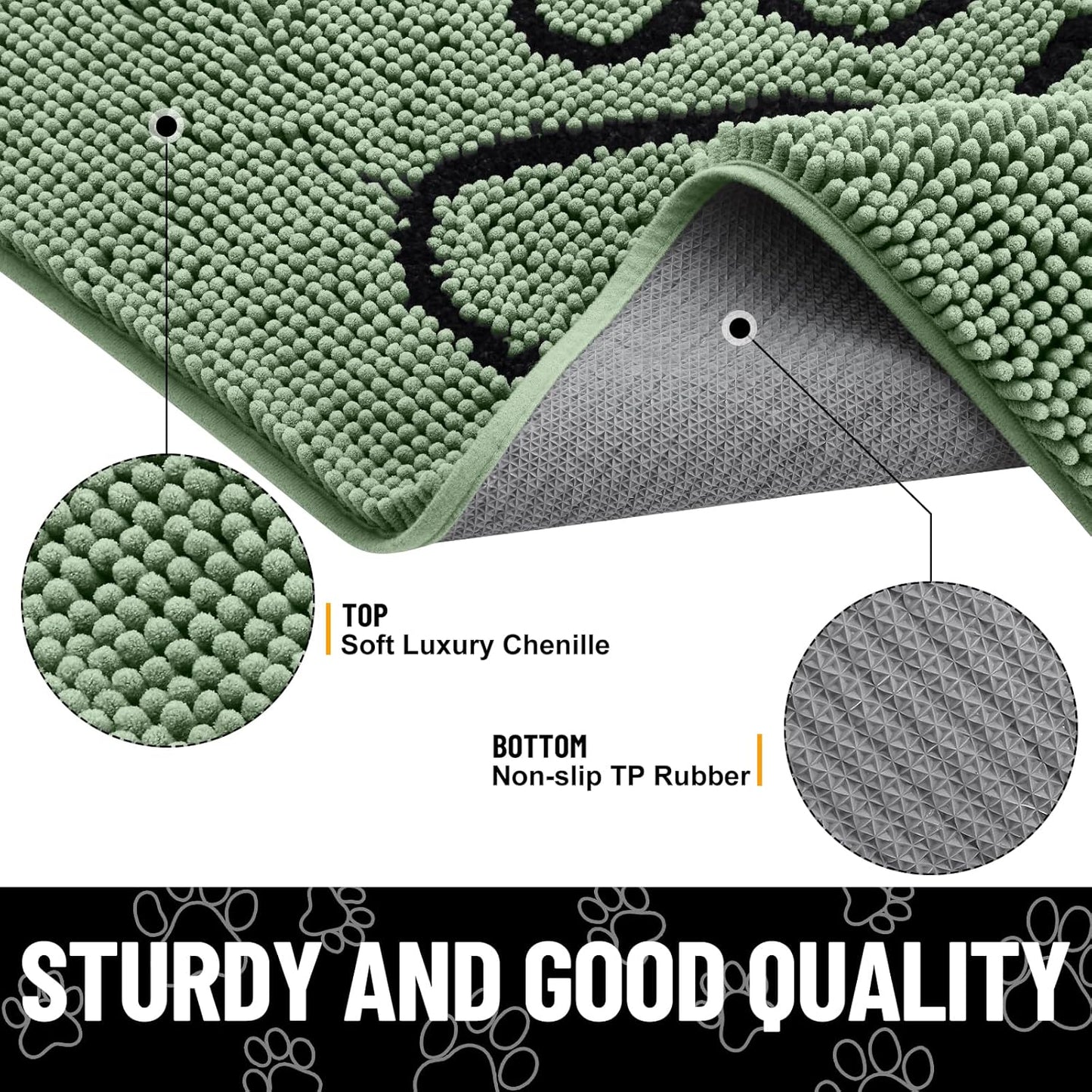 Smiry Dog Door Mat for Muddy Paws, Absorbent Dirt Trapper Non Slip Quick Dry Washable Chenille Mat for Mud Dogs, Entry Rug for Indoor and Outdoor (36x24 Inches, Olive Green and Black)