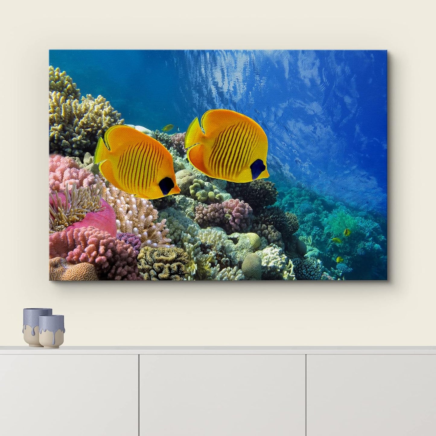 wall26 Canvas Print Wall Art Tropical Yellow Fish with Vibrant Coral Reef Nature Ocean Photography Realism Nautical Scenic Relax/Calm Multicolor Ultra for Living Room, Bedroom, Office - 32"x48"