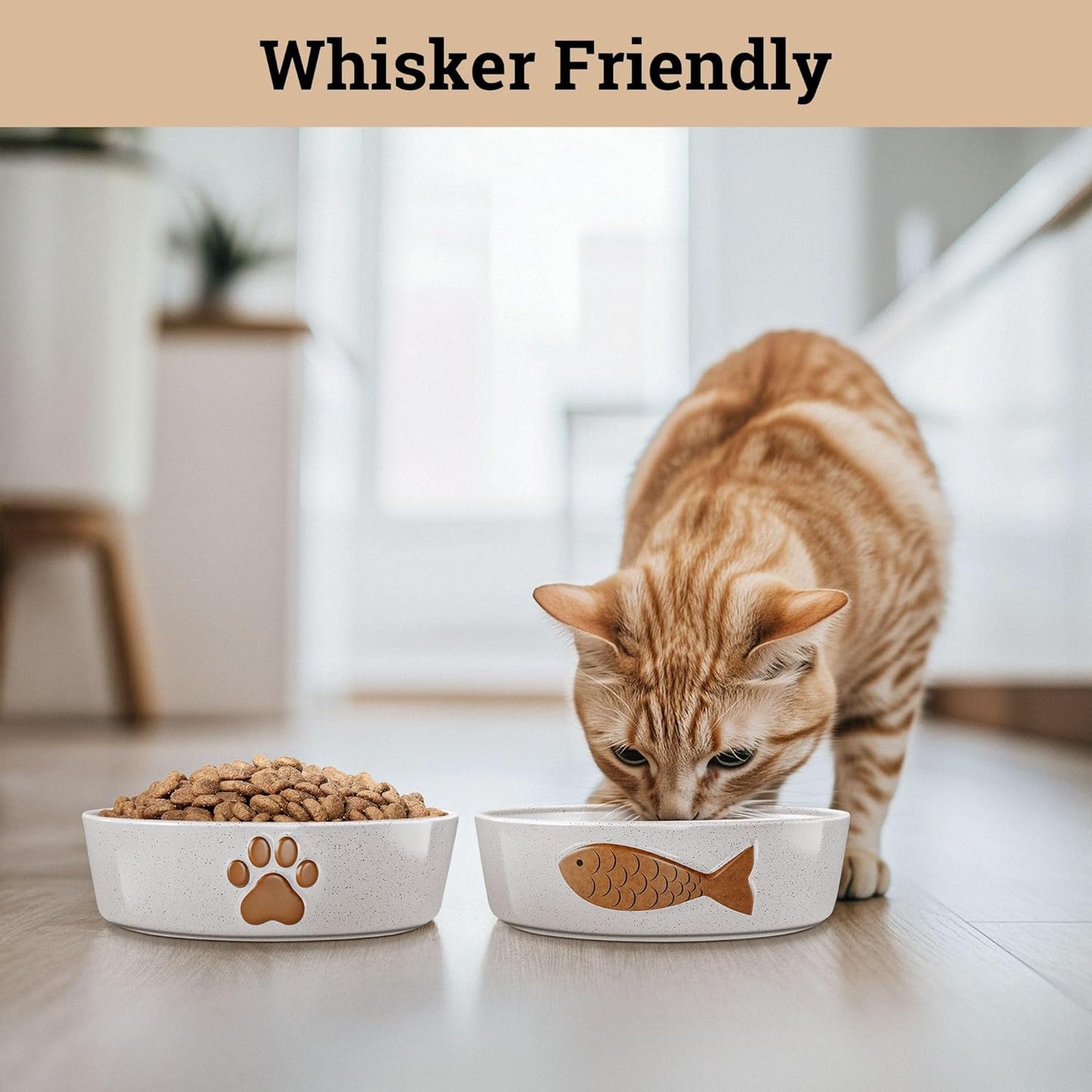 Ceramic Cat Bowls Whisker Friendly - Ceramic Cat Bowl Set of 2 Cute Designs with Anti-Slip Bases - Dishwasher & Microwave Safe Food and Water Bowls for Cats - Dishes for Cats - Kitten Food Bowl Set