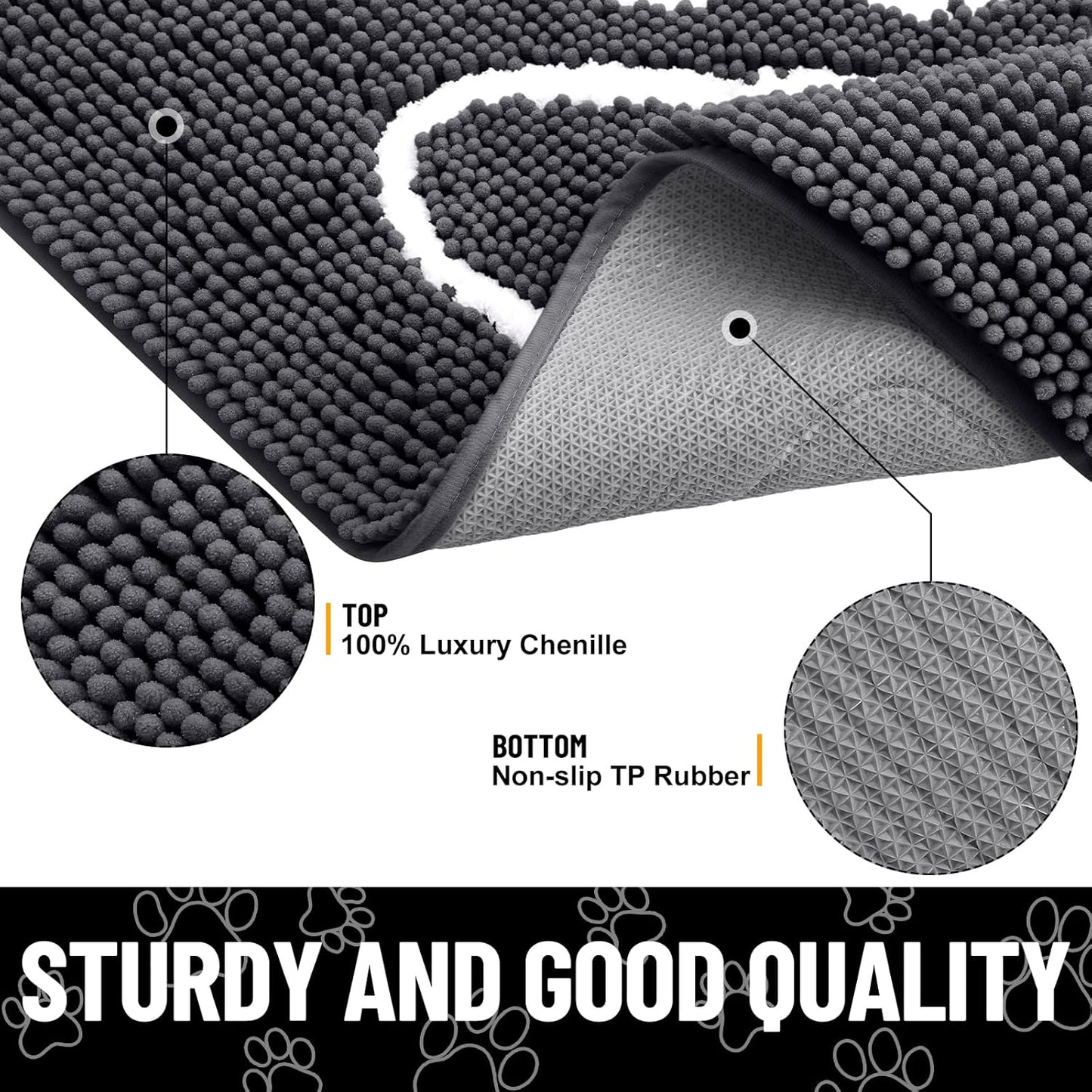 Smiry Dog Door Mat for Muddy Paws, Absorbent Dirt Trapper Non Slip Quick Dry Washable Chenille Mat for Mud Dogs, Entry Rug for Indoor and Outdoor (70x24 Inches, Dark Grey and White)