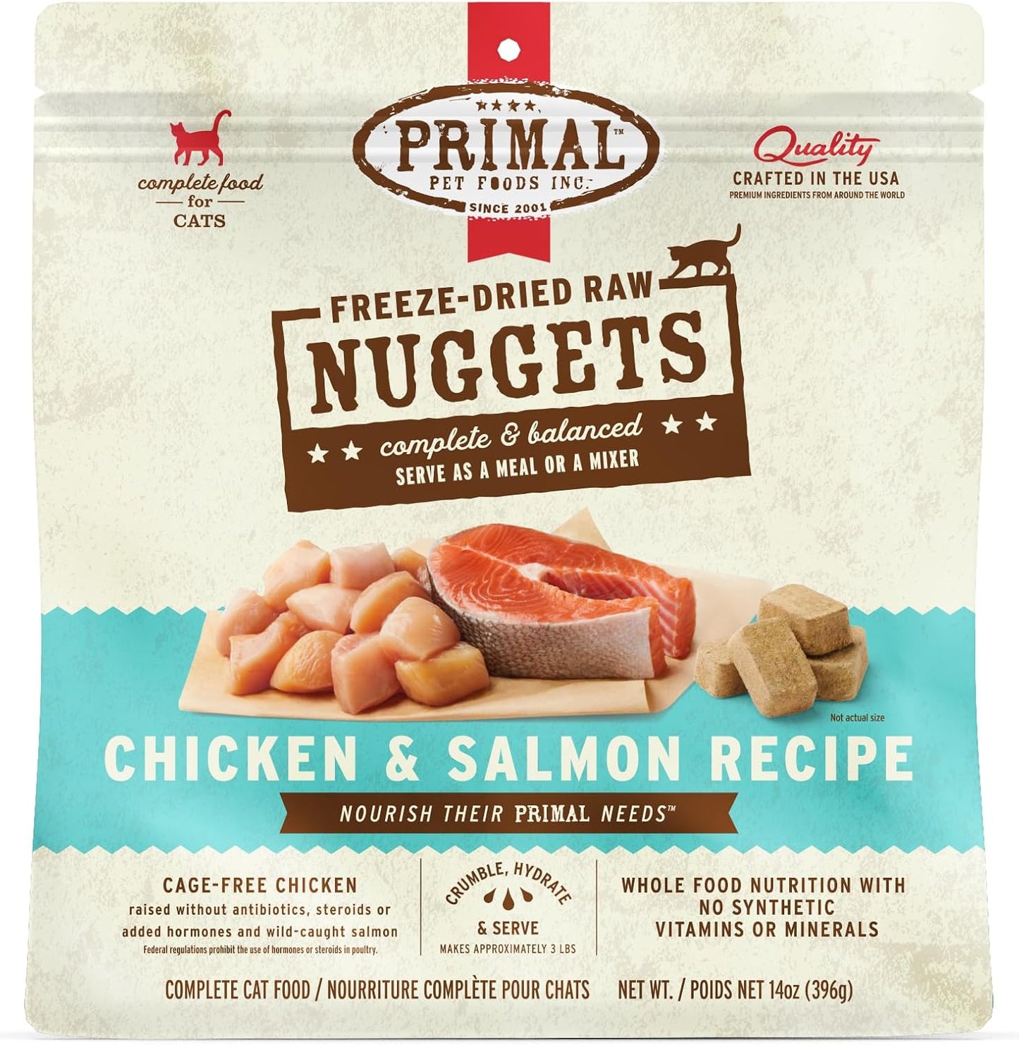 Primal Freeze Dried Raw Cat Food Nuggets Chicken & Salmon, Complete & Balanced Meal or Topper, Premium, Healthy, Grain Free, High Protein Raw Cat Food with Probiotics (14 oz)