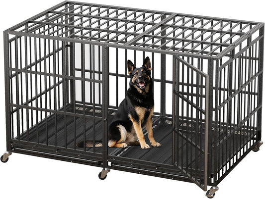 78 Inch Heavy Duty Indestructible Dog Crate Steel Escape Proof, Indoor Double Door High Anxiety Cage, Kennel with Wheels,Removable Tray,Extra Large Dogs XL XXL XXXL