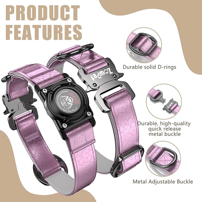 AirTag Dog Collar - Leather Dog Collar with Airtag Holder | IP68 Waterproof AirTag Holder with Metal Buckle, Comfortable GPS Dog Collars Tracker for Medium Large Dogs (Rose Gold, XL)