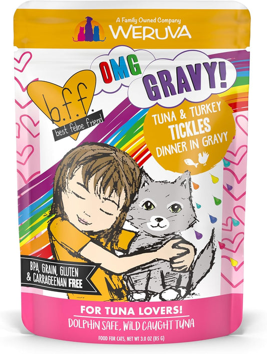 Weruva B.F.F. OMG - Best Feline Friend Oh My Gravy!, Tuna & Turkey Tickles with Tuna & Turkey in Gravy Cat Food, 3oz Pouch (Pack of 12)