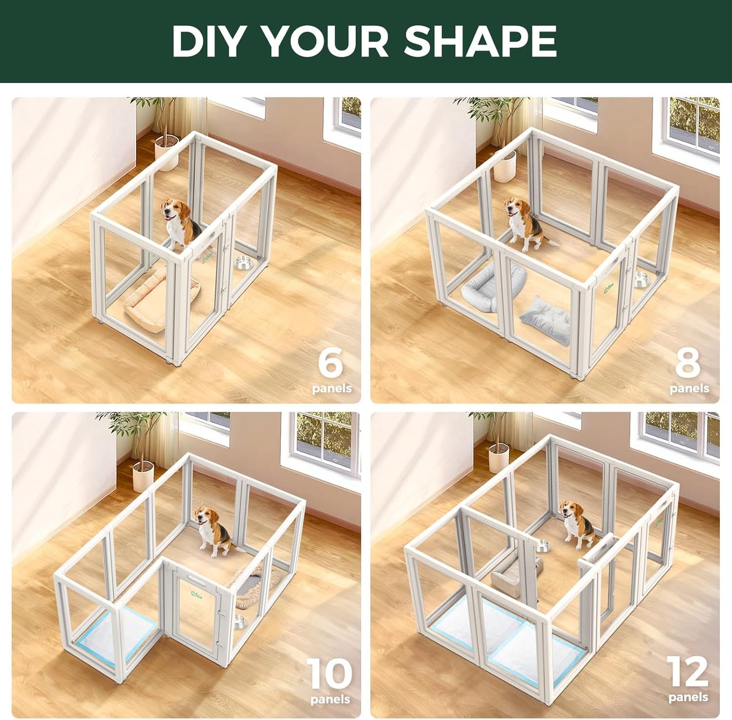 FXW AuraSpace Acrylic Indoor Unleashed Dog Playpen for Medium Dogs, 35 Inch, 16 Panels, White