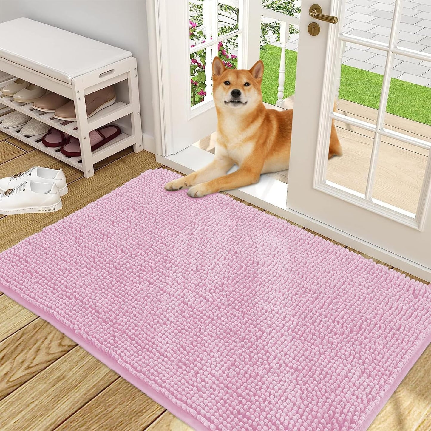 OLANLY Dog Door Mat for Muddy Paws 48x30, Absorbs Moisture and Dirt, Absorbent Non-Slip Washable Doormat, Quick Dry Chenille Mud Mat for Dogs, Entry Indoor Entryway Carpet for Inside Floor, Pink