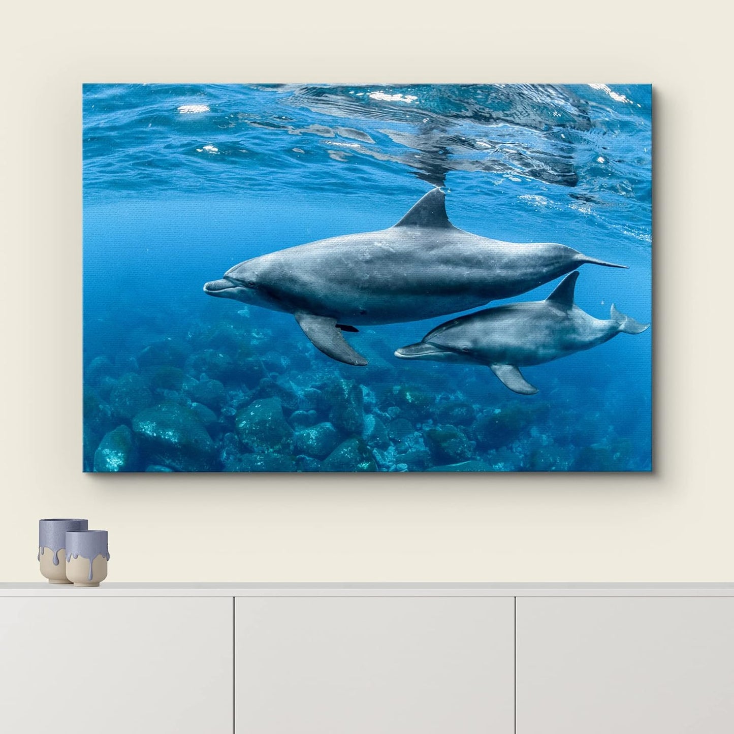 wall26 Canvas Print Wall Art Tropical Ocean Sea Underwater Dolphin Duo Nature Animals Photography Realism Rustic Scenic Landscape Wilderness Earth Colorful for Living Room, Bedroom, Office - 32"x48"