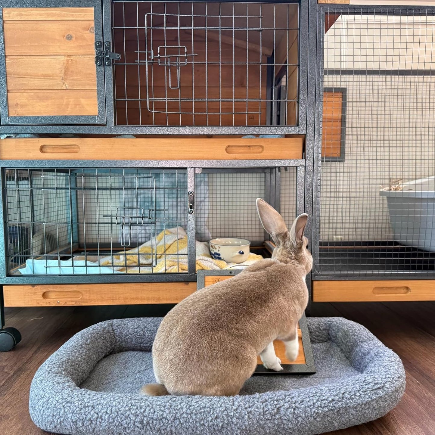 Rabbit Hutch Bunny Cage Strong Iron Frame Rabbit Cage Indoor and Outdoor Chicken Coop with Casters Waterproof Roof, Great for Rabbit,Bunny,Guinea Pig,Chickens.