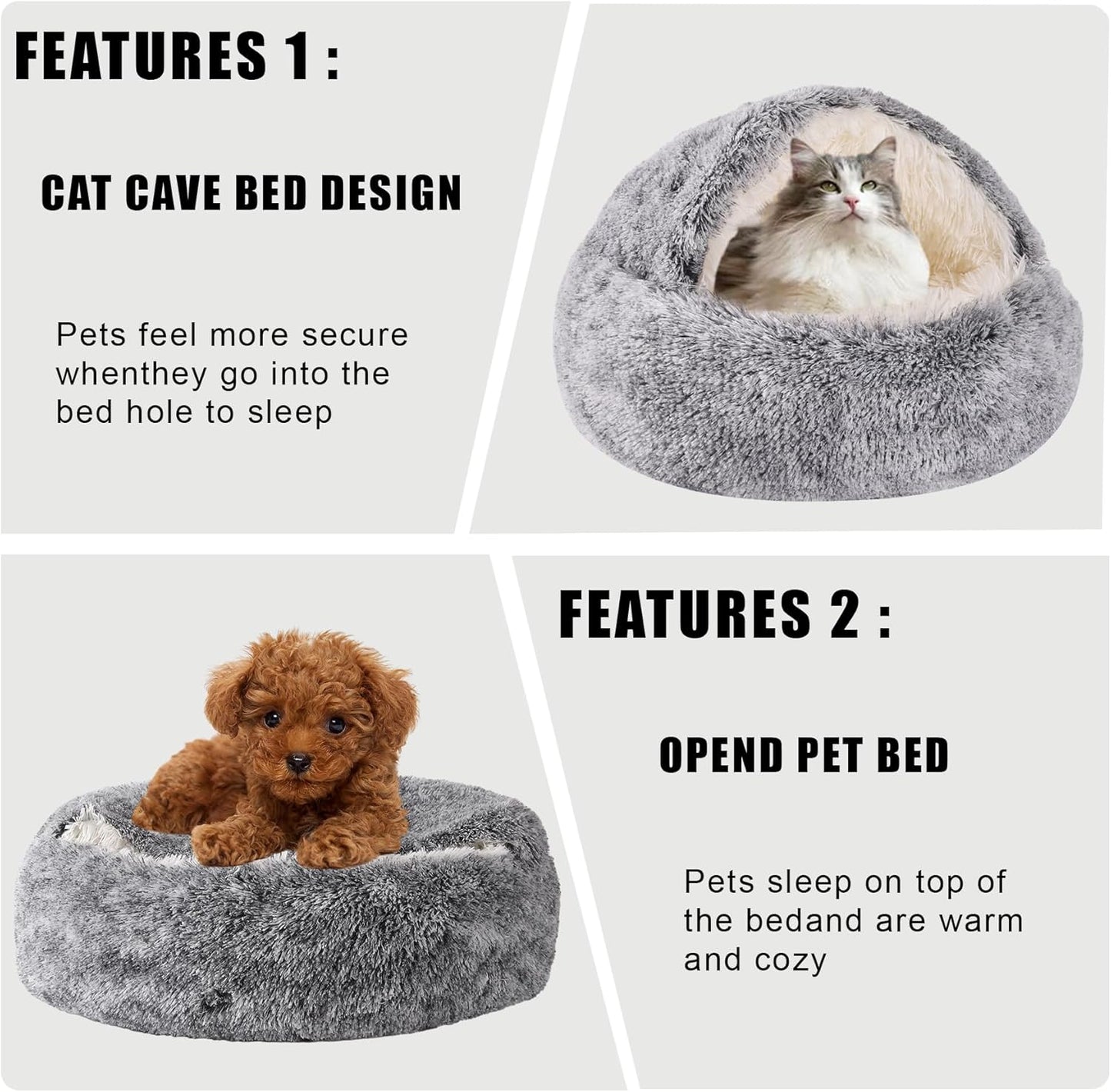 HYQ Small Dog Bed with Cover Cave, Cat Beds for Indoor Cats Washable, Cozy Cat Cave Bed, Round Puppy Bed with Hooded Cover, Dog Beds for Small Dogs with Anti-Slip Bottom (Grey, 20×20 Inch)
