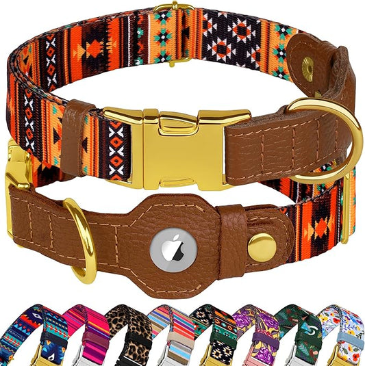 AirTag Dog Collar for Small Medium Large Breed - Adjustable Cute Pattern Dog Collar with Airtag Holder - Soft Leather Tracker GPS Apple Air Tag Pet Collars (X-Large, 20"-25" Neck Fit, Western)