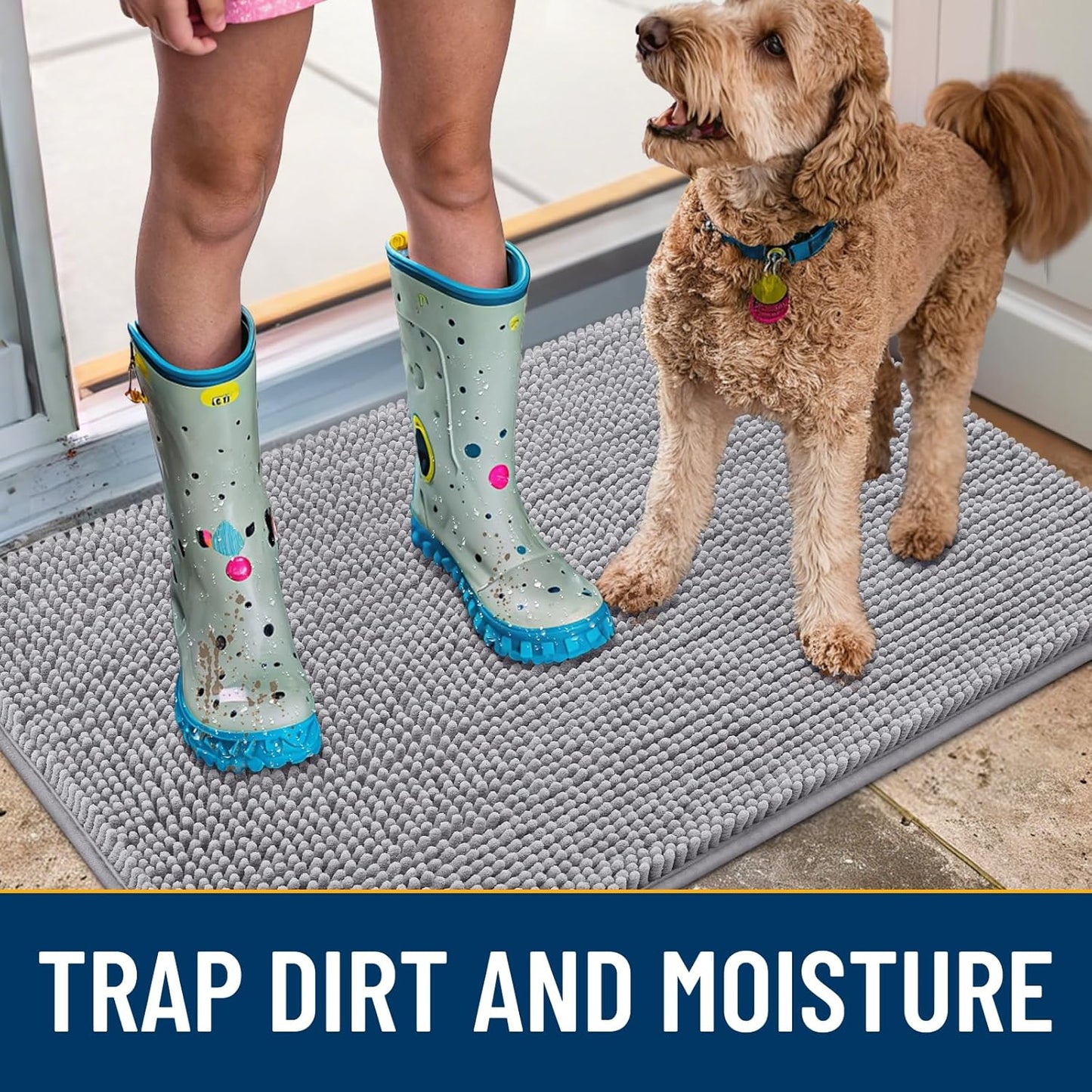 Smiry Dog Door Mat for Muddy Paws 40x32, Absorbs Moisture and Dirt Doormat, Non-Slip Washable Quick Dry Chenille Front Door Mat Indoor Entrance, Entryway Carpet for Inside Floor, Light Grey