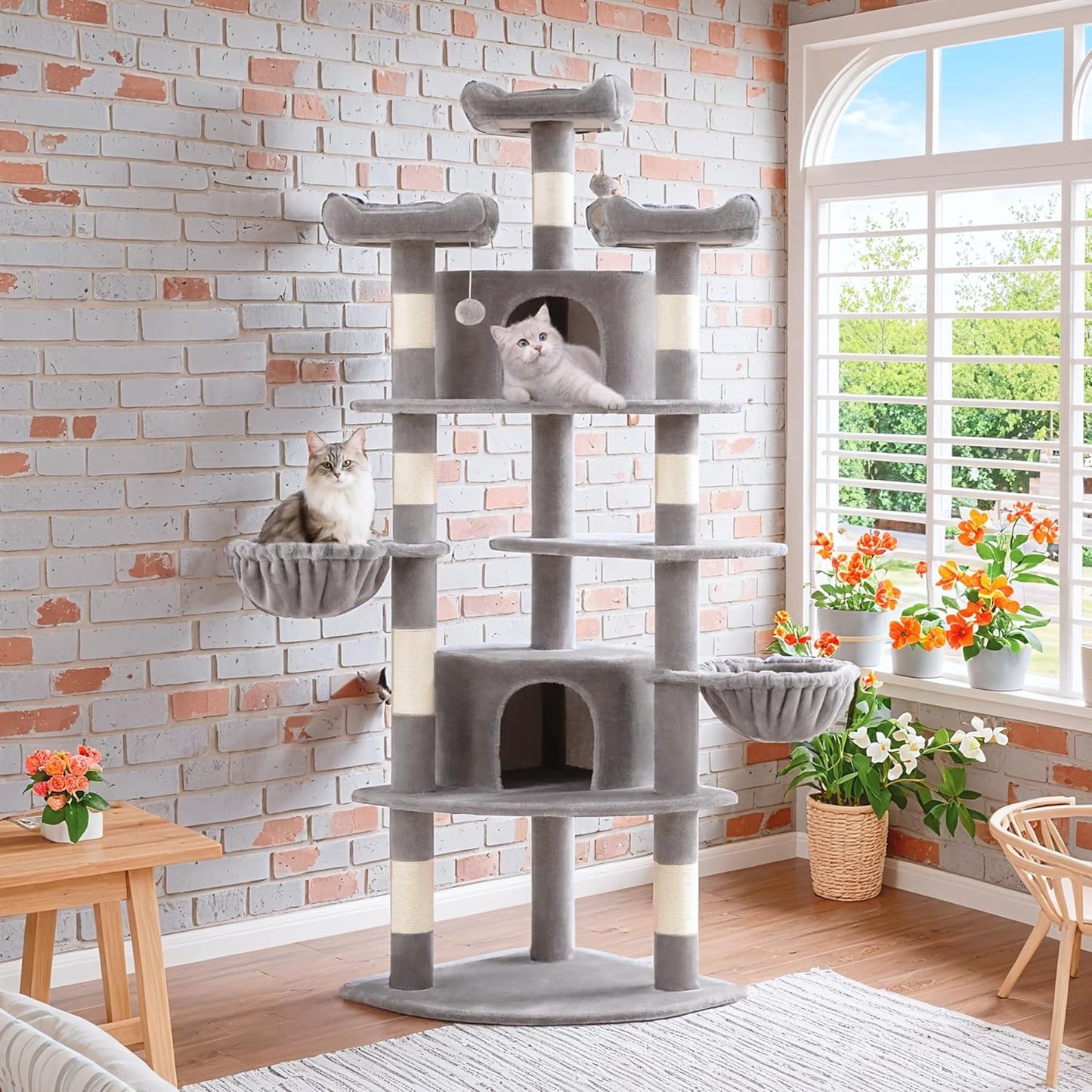 SHA CERLIN 73" Space-Saving Cat Tree/Multi-Level Tall Cat Tower with Perches/Scratching Posts/Condo & Hanging Baskets/Modern Fan-Shaped Design for Indoor Kitties/Pet Activity House/Grey