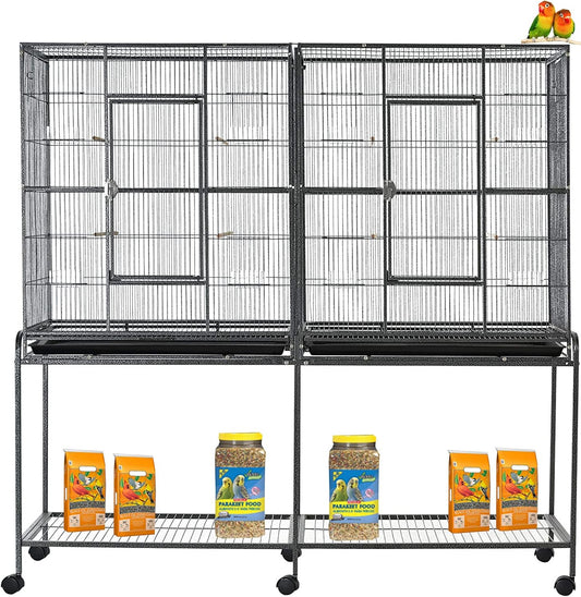 64" Extra Large Double Flight Bird Wrought Iron Double Cage Slide Out Center Divider Side Nesting Box Door Parrot Cage Cockatiel Conure with Removable Rolling Stand Storage Shelf