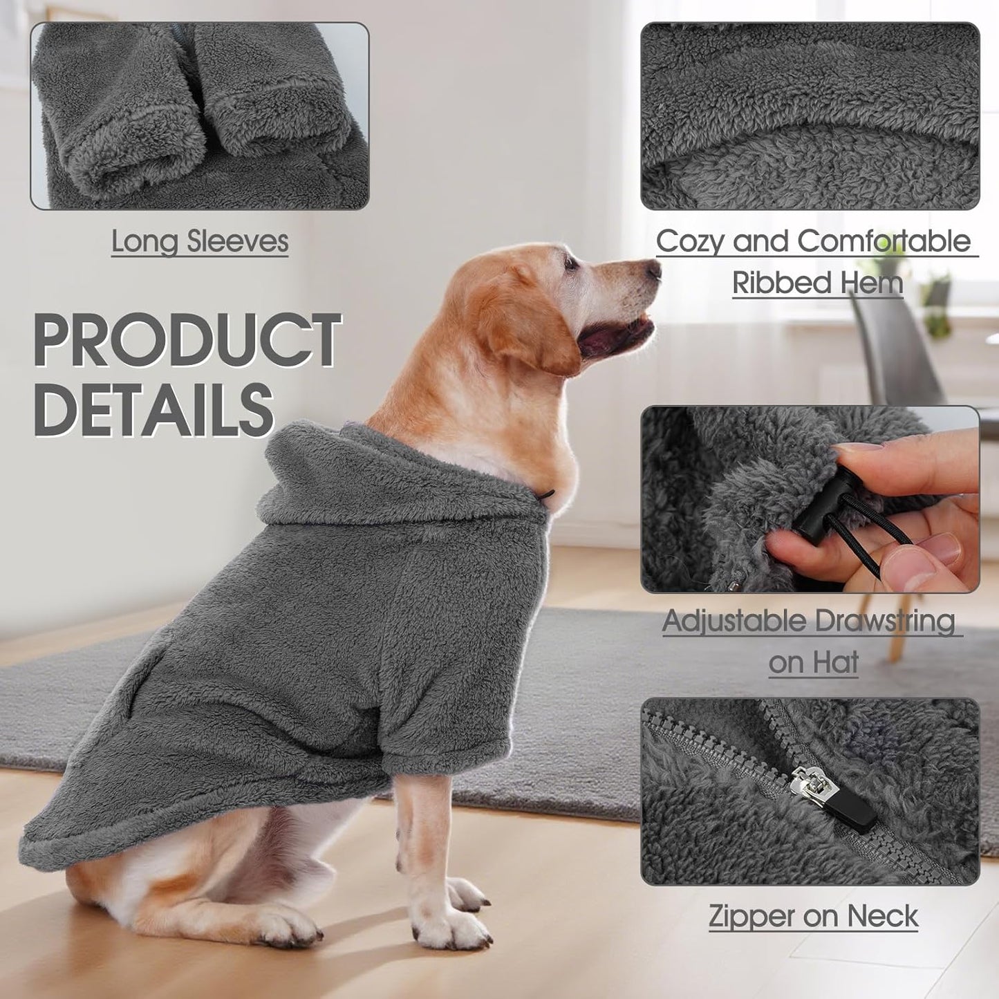 IDOMIK Fuzzy Dog Sweater with Adjustable Hood, Warm Fleece Dog Sweater Hoodie with Harness Hole & Pocket, Pullover Sweaters for Medium Dogs, Fuzzy Hooded Sweatshirt for Fall Winter Christmas,Grey,L