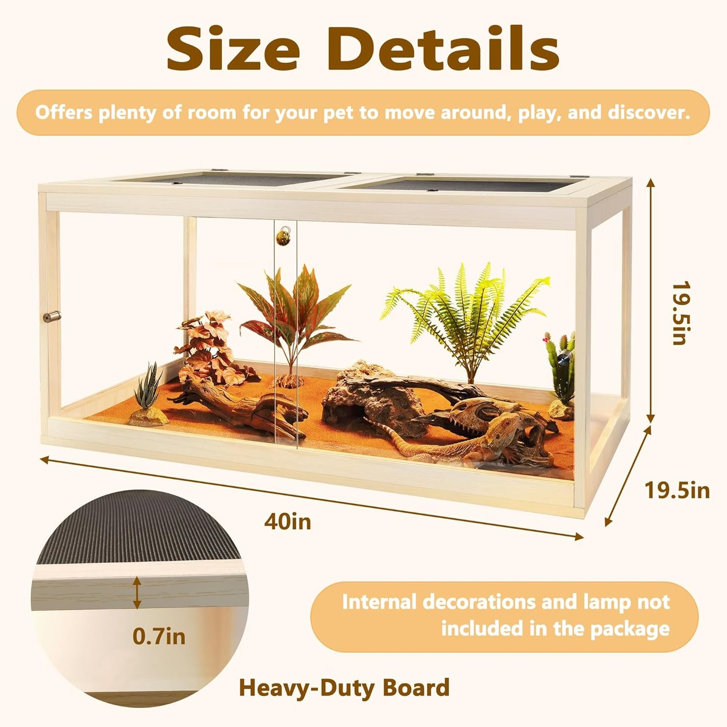 Prolee Reptile Terrarium Tank 60 Gallon Maximum, Lizard Tank Bearded Dragon Tank with Metal Mesh Roof Door, Snake Tank with Lock Design, 40" Length