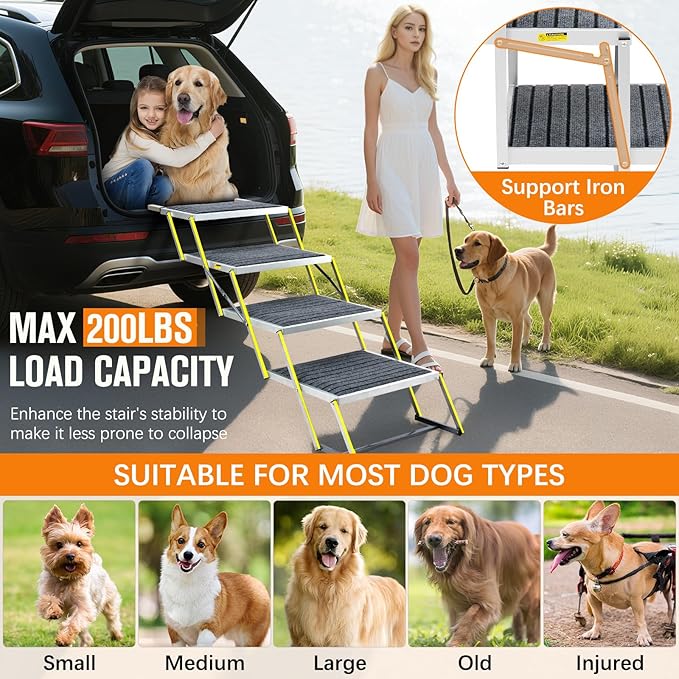 Reflective 20" Wide Dog Car Ramp, 4-Step Aluminum Stairs with Non-Slip Carpet - Foldable Design for Trucks/SUVs/Beds - Heavy Duty 200Lbs Capacity for Large Breeds