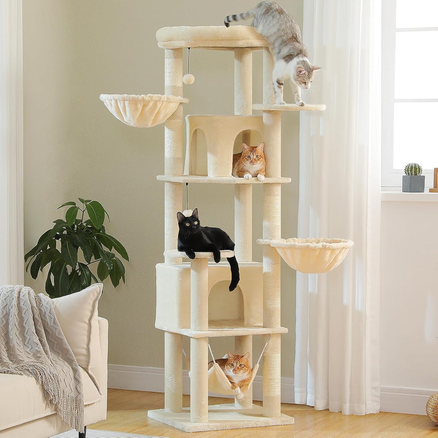 71.2" Tall Cat Tree for Indoor Cats - 9-Level Multi-Cat Tower w/5 Sisal Scratching Posts, 2 Condos, 3 Hammocks, Perch & Pom Poms - Heavy-Duty for Adult Cats, Space-Saving Plush Beige