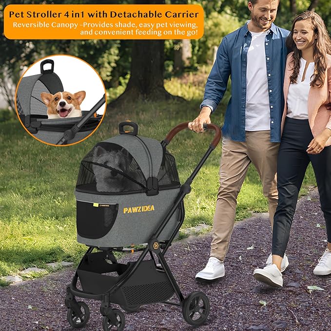 PAWZIDEA Pet Stroller 4 in 1, Dog Strollers for Small/Medium Dogs with Detachable Carrier Easy Lock Canopy, Seatbelt Puppy Car Seat, Cozy House, Foldable & Lightweight Jogger Cat Stroller, 4 Wheels