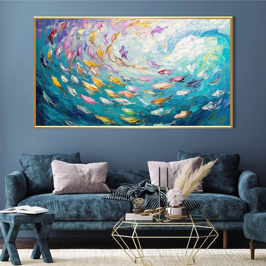 Fish Canvas Wall Art, Abstract School of Fish Canvas Wall Art, School of Fish Painting Canvas, School of Fish Wall Art, Fish Wall Decor, Fish Pictures Wall Decor, Bedroom Canvas Wall Decor (Gold Framed, 59"x33" | 150x84cm)