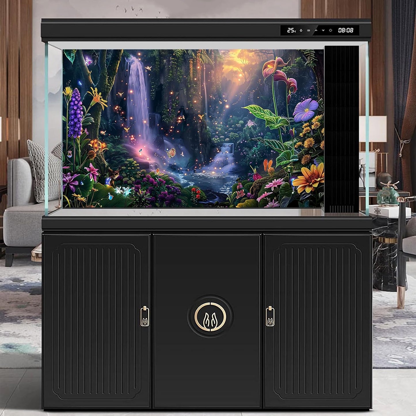 Fantasy Garden Aquarium Background Sunset Waterfall and Flowers Terrarium Backdrop Tropical Forest Lush Plant Magic Butterfly Lights Flowers Fish Tank Background Poster Decorations 24x12in