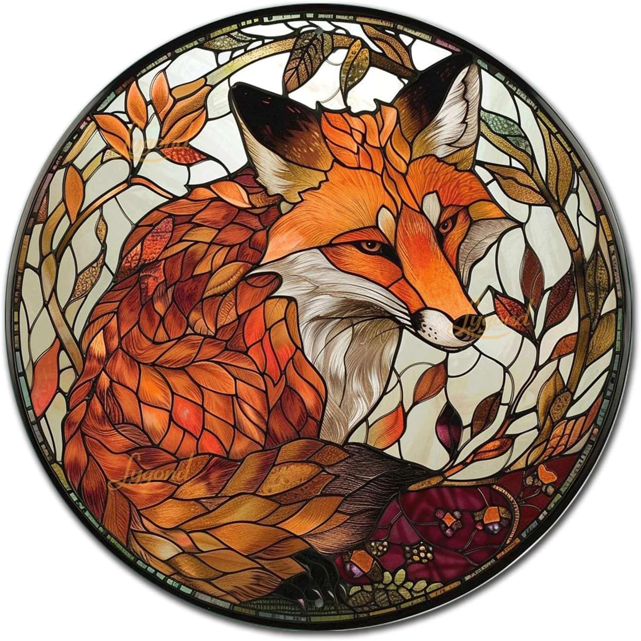 Lygond Metal Sign Tin Sign Circular Stained Glass Red Fox2 Funny Garden Signs For Garage 12×12 Inches