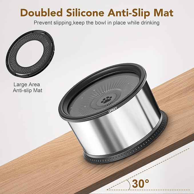 UPSKY 6.5L Super Large Capacity No Spill Dog Water Bowl - 1.6 Gallon Stainless Steel Spill Proof Slow Feeder With Anti-Slip Mat for Messy Drinkers - Black