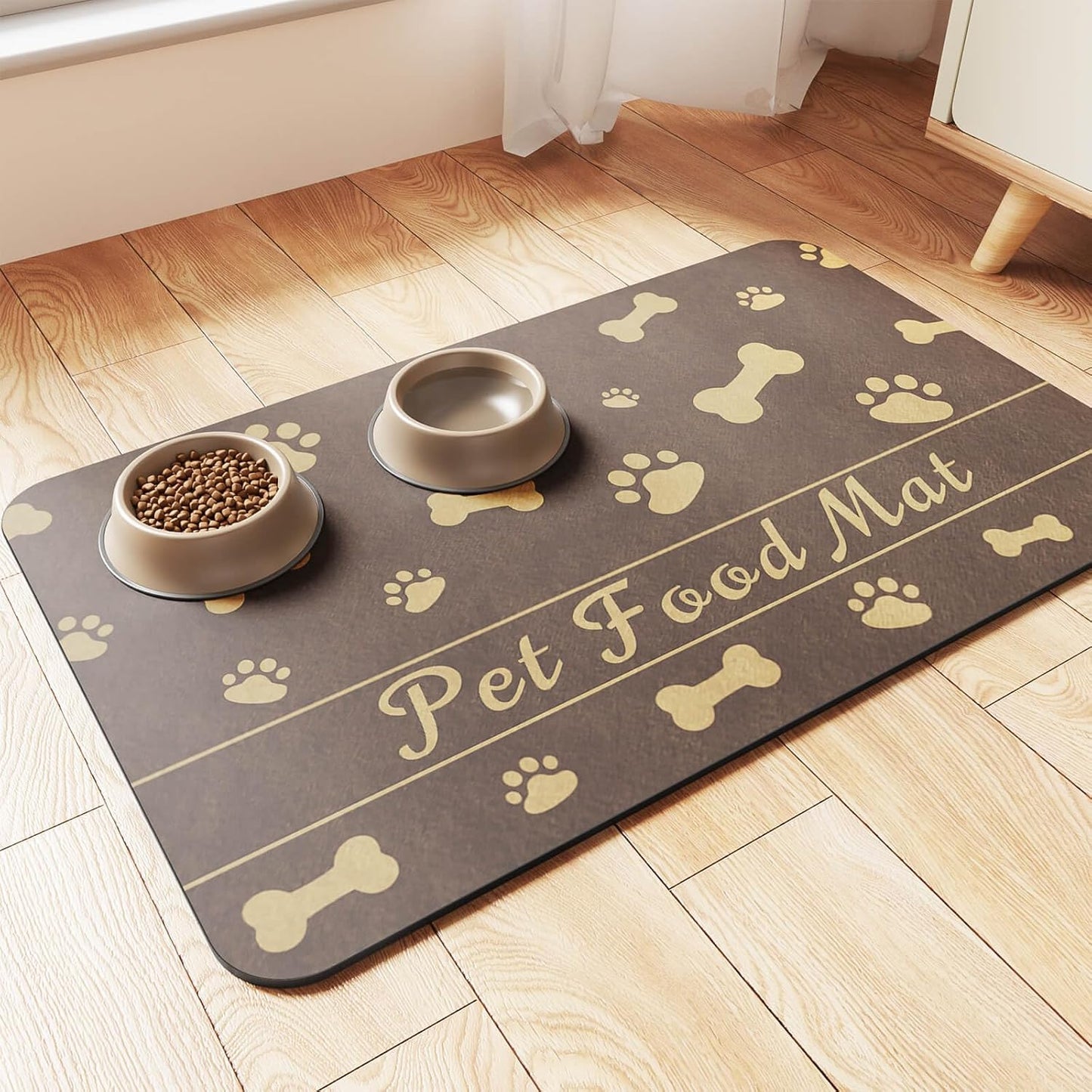 Pet Feeding Mat-Absorbent Pet Placemat for Food and Water Bowl, with Waterproof Rubber Backing, Quick Dry Water Dispenser Mat for Dog and Cat (12"x20", Brown)