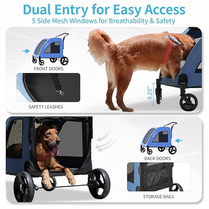 EchoSmile Heavy-Duty Large Dog Stroller with Shock-Absorbing Wheels, Foldable Pet Travel Carrier for Medium & Large Dogs, 5 Mesh Windows, 160 lbs Capacity, Easy Assembly & Storage