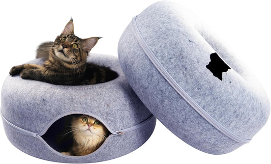 CATTASAURUS Peekaboo Cat Cave for Multiple & Large Cats Up to 30-45 Lbs, Scratch Detachable & Washable Tunnel Bed, Comfy Donut Cat Cave (Light Gray + Light Gray, Large)