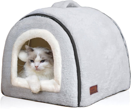 Cat Bed for Indoor Cats，Foldable cat cave，Anti-Slip & Water-Resistant Bottom，cat Houses for Indoor Cats or Small Dogs, Kitten Tent, Rabbit Bed，2 in 1 pet Bed (Grey)