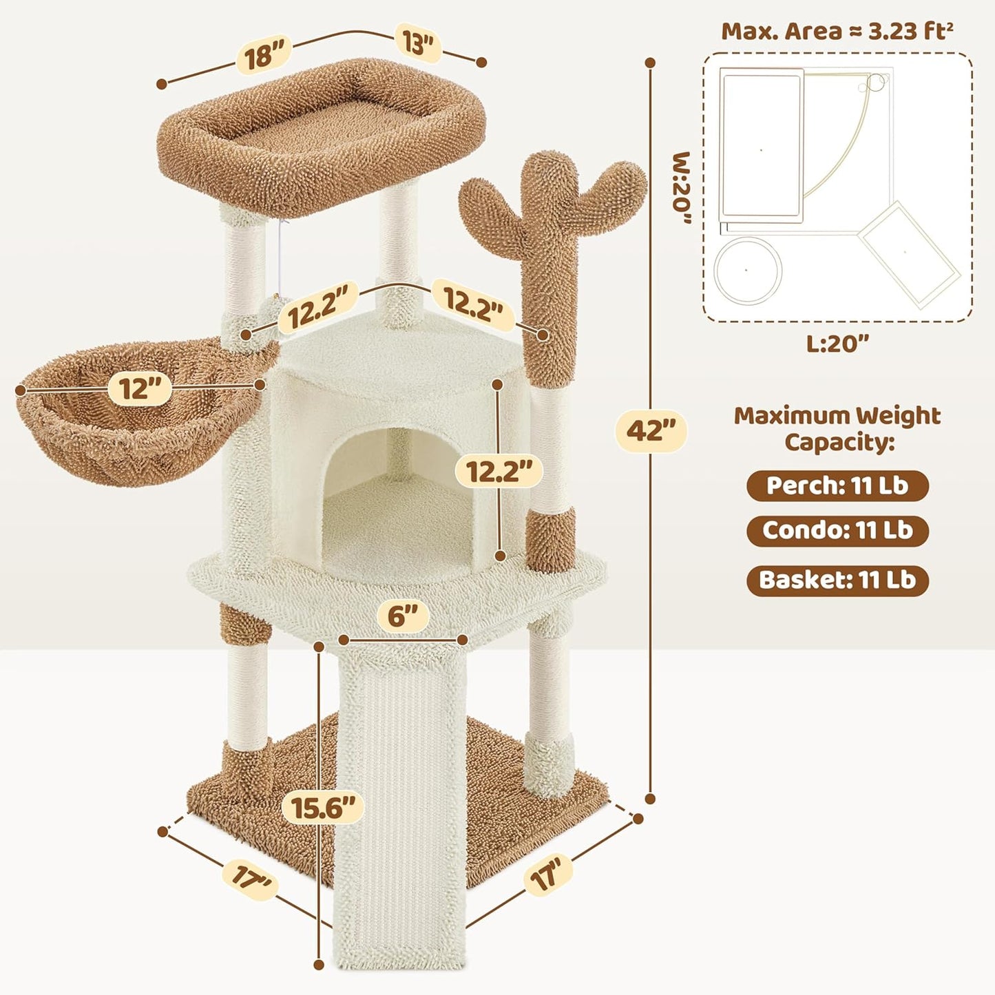 Yaheetech Cactus Cat Tree, 42in Cat Tower for Indoor Cats, Multi Level Kitten Condo Scratching Post, Pet Activity Center Furniture w/Ball, Plush Perch, Platform, Basket, Beige/Brown