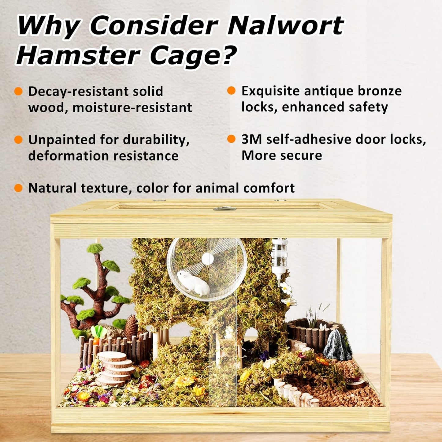 24" Hamster Cage, Lockable Sliding Door Gerbil Cage, Dwarf Hamster Cage with Metal Mesh Roof, Mice and Small Animal Habitat, Chewproof Syrian Hamster Enclosure, (Wooden, 24" L x 16" W x 16" H)