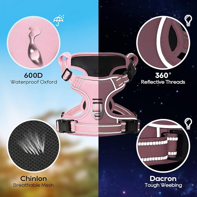 Timos Dog Harness, 3 Snap Buckles No-Pull Soft Padded Dog Vest with 2 Metal Leash Clips, Adjustable Reflective No Choke Pet Harness with Easy Control Handle for X-Small Dogs,Pale Pink,XS