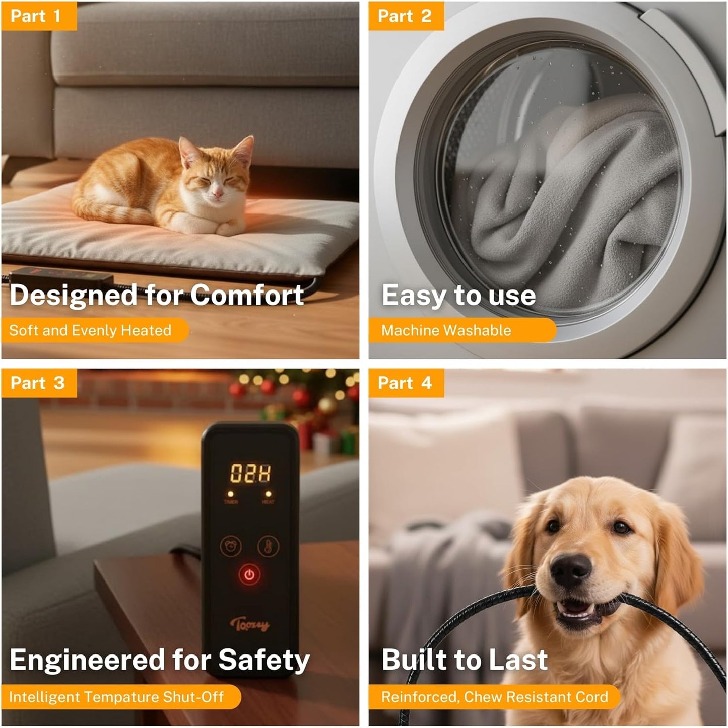 Toozey Small Pet Heating Pad, 6 Adjustable Temperature Dog Cat Heating Pad with Timer, Waterproof Heated Cat Bed with Chew Resistant Cord, Indoor Electric Pet Heated Mat 18x16in