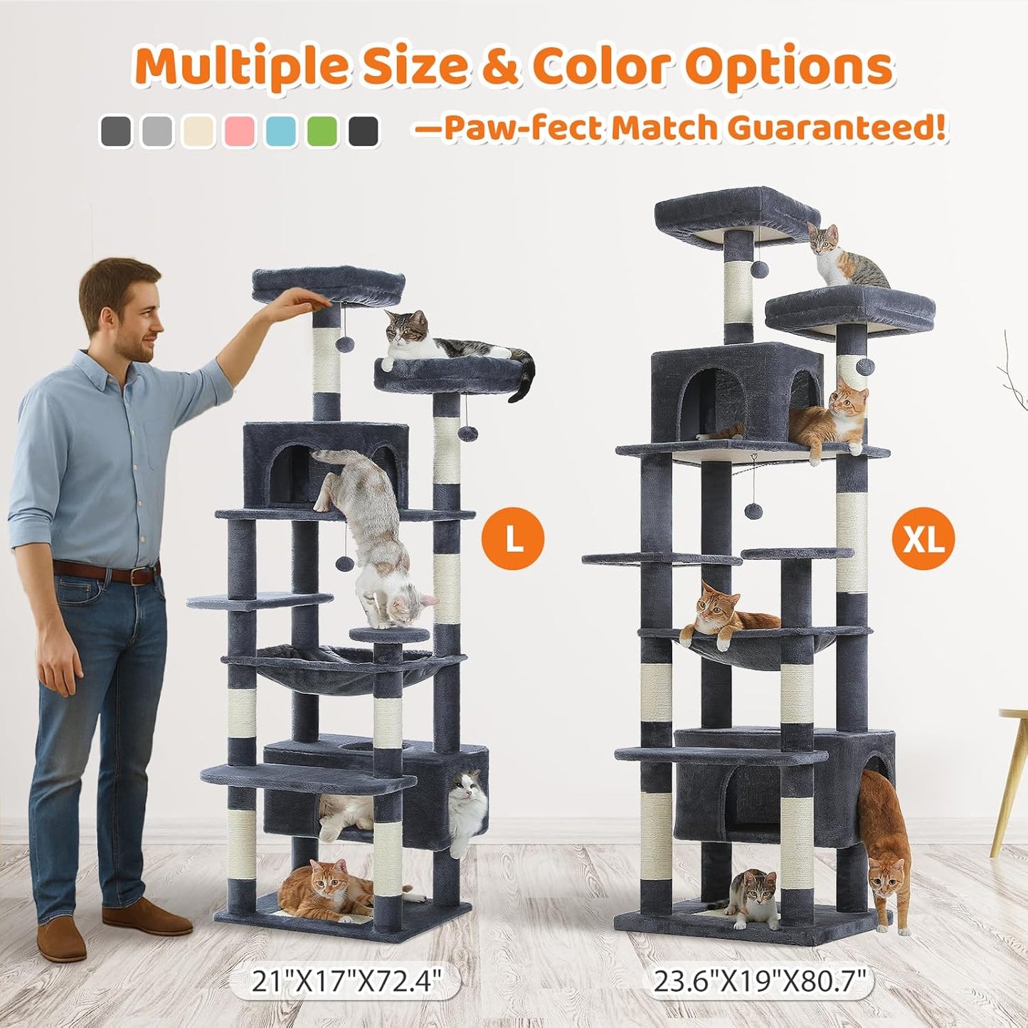 PAWZ Road Heavy Duty Cat Tree for Large Cats, 81 Inches Tall Cat Tower with 2 Perches, 2 Condos and Spacious Hammock, XL Extra Large Condo with 7 Scratching Posts for 20lb+ Adult Cats, Dark Gray