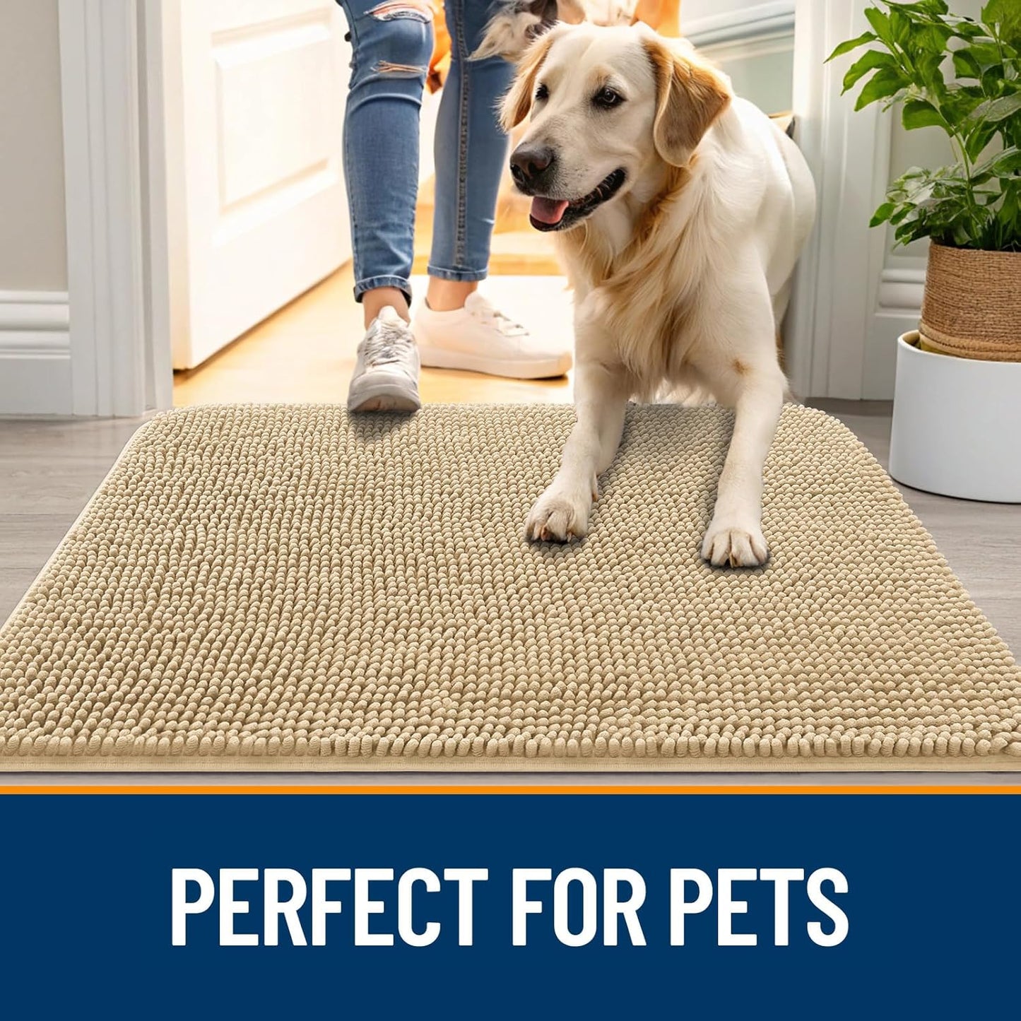 OLANLY Dog Door Mat for Muddy Paws 47x20, Absorbs Moisture and Dirt, Absorbent Non-Slip Washable Doormat, Quick Dry Chenille Mud Mat for Dogs, Entry Indoor Entryway Carpet for Inside Floor, Beige