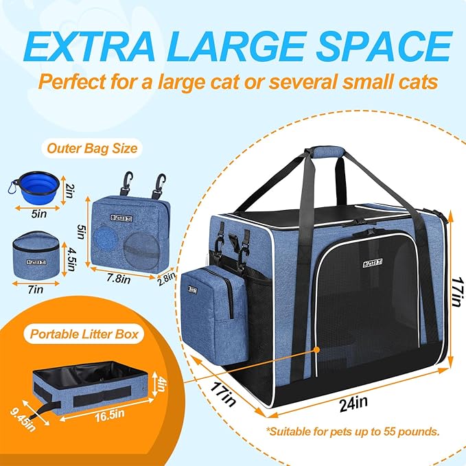 Petskd Extra Large Cat Carrier with Litter Box 24"x17"x17" for Medium Large Cat or 2 Small Cats, Collapsible Soft Sided Pet Carrier for Car Travel with Lockable Safety Zippers(Blue)