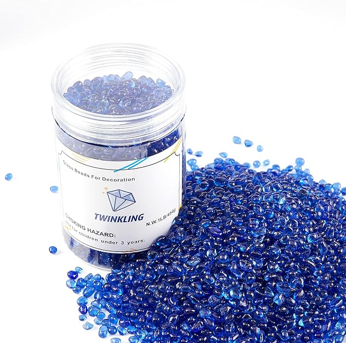 TWINKLING High Luster Round Fire Glass Stones, Marbles, Pebbles, Beads Gems for Fire Pit Vase Fillers Crafts Aquarium Garden Decoration, 3-6mm, 1-Pound Jar (Cobalt Blue)